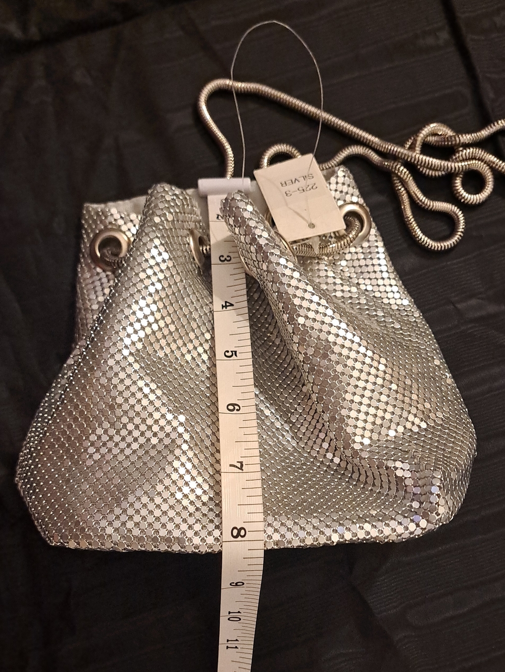 Silver Mesh Drawstring Crossbody Purse - Picture 5 of 11